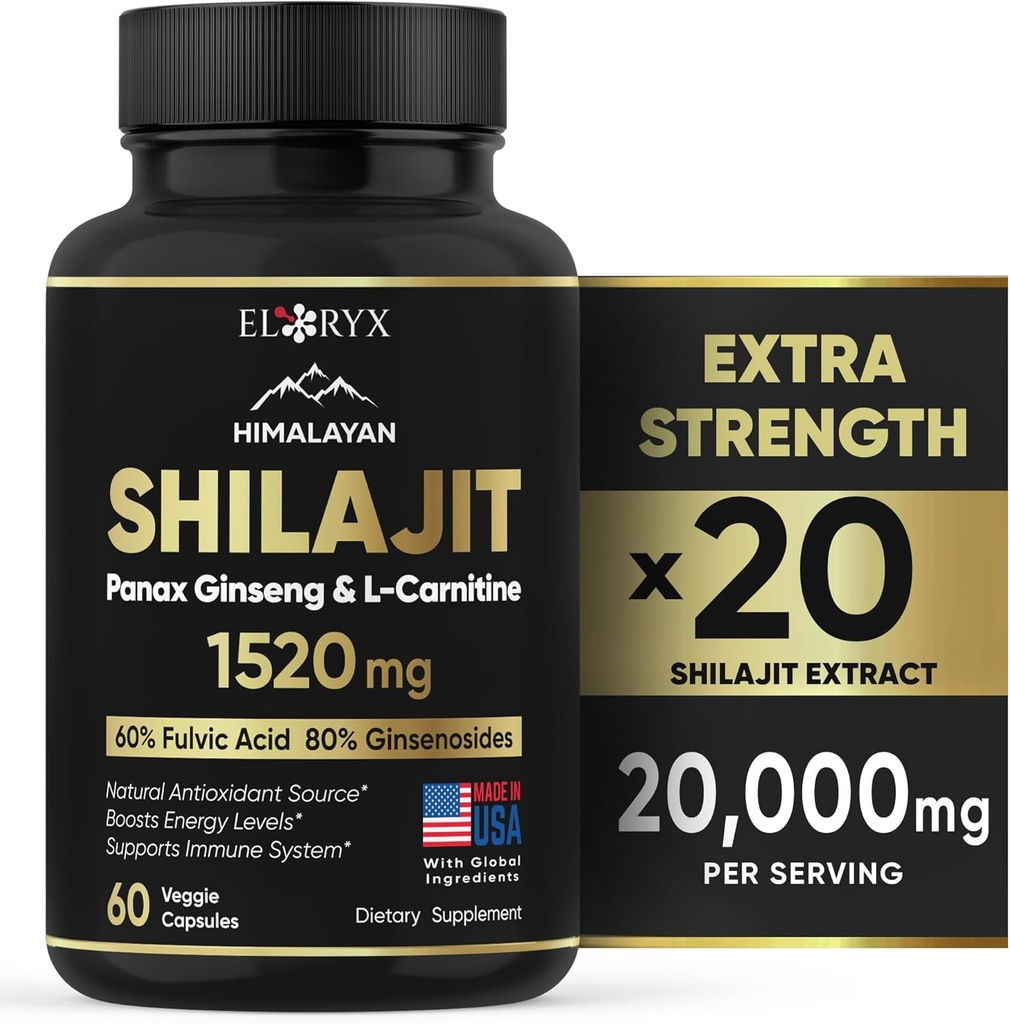 Himalayan Shilajit Supplement, 60 kapselia, uutejauhe, 60% Fulvic Acid, 85+ Trace Minerals, Energy & Immuuni Support Shilajit for Men & Women, Vaihtoehto aito hartsi tai pillereitä USA Made