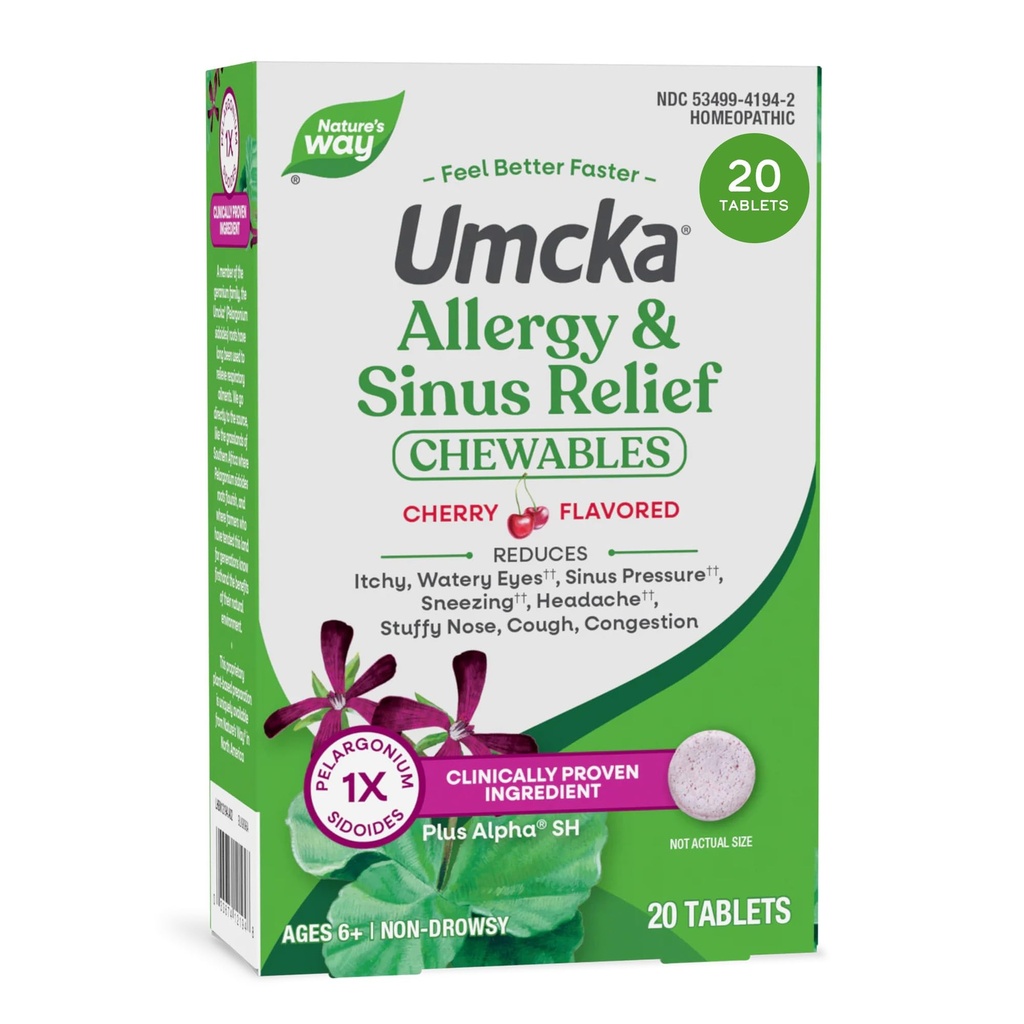 Nature's Way Allergy+Sinus Relief Chewables, Umcka, Aivastelu*, Runny Nenä*, Päänsärky*, Yskä, Runsaus, Ei fenyyliefriiniä, ei-huokoisia, kirsikkamakuisia, 20 purutablettia (Packaging May Vary)