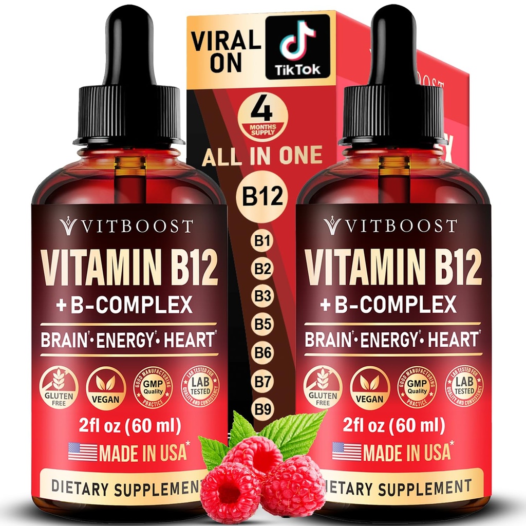 Vegaani B12-vitamiini B Complex 20000 mikrog- Extra vahvuus miehille ja naisille- vadelma neste drops. USA Valmistettu, B1, B2, B3, B5,B6, Biotiini, Foolihappo ja B12 Sublingual Methylcobalamin 4 kuukautta