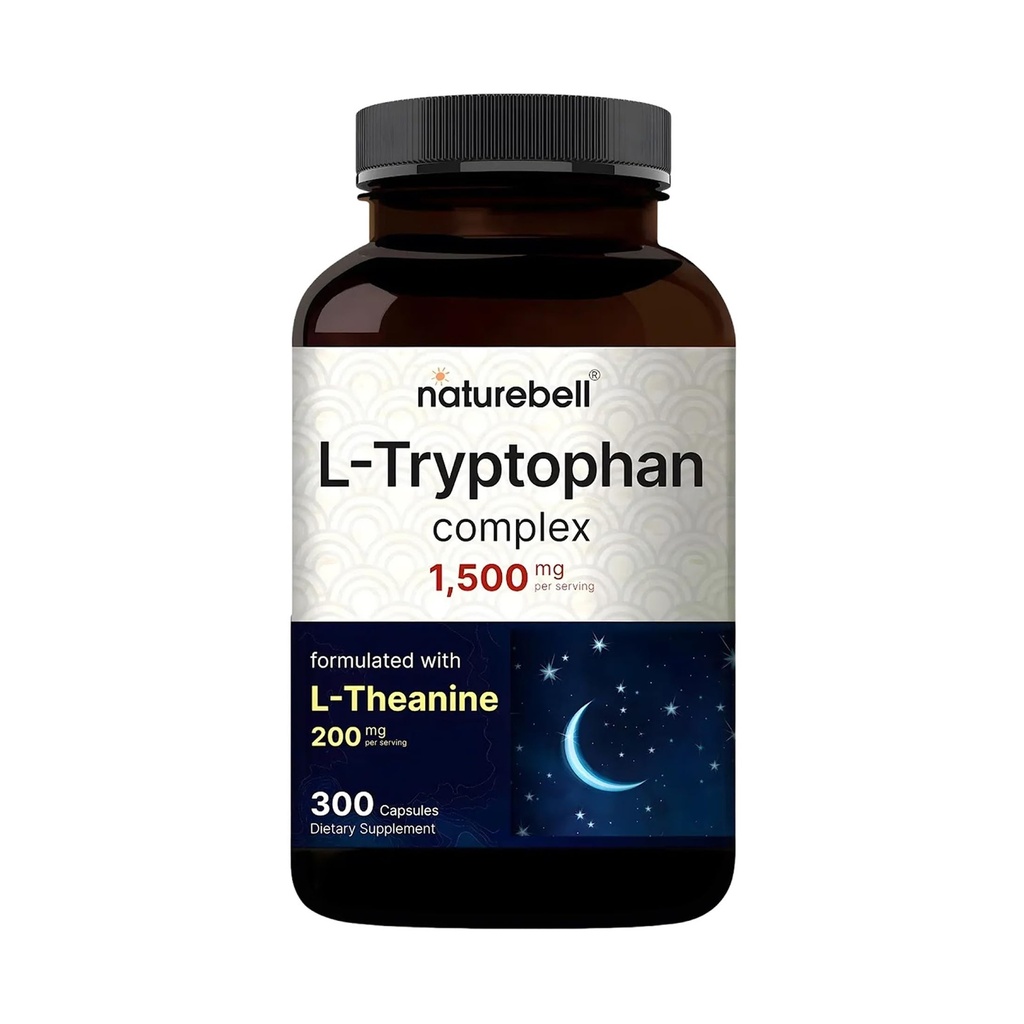 NatureBell L Tryptophan 1300mg kanssa L Theanine 200mg, 300 kapselia Active Free Form, Plant Based Supplement 