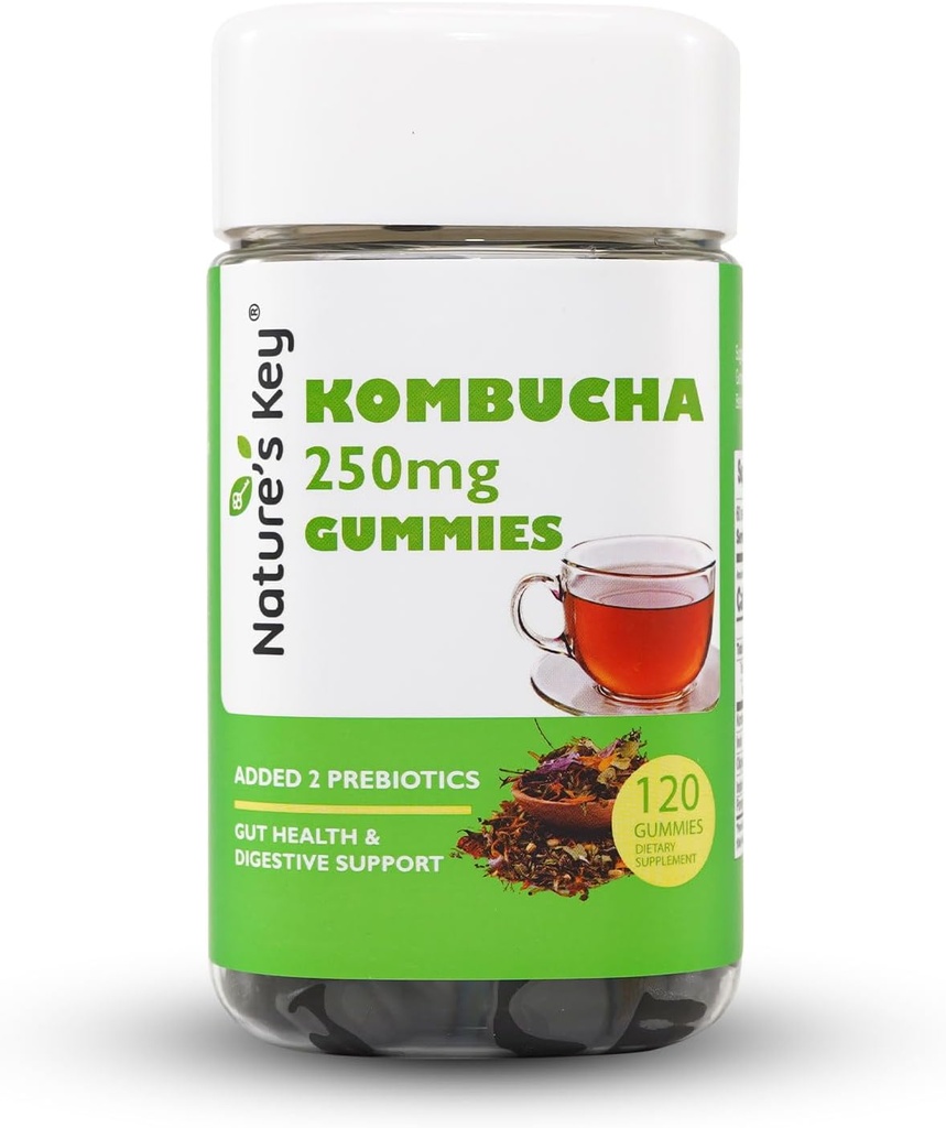 Naturens Key Kombucha Gummies för Digestive Support & Gut Health, med 2 Prebiotika - Inulin & Oligogalactose, Plus Fiber och Pomegranate Juice | 120 Gummies (2 Månader Leverans)