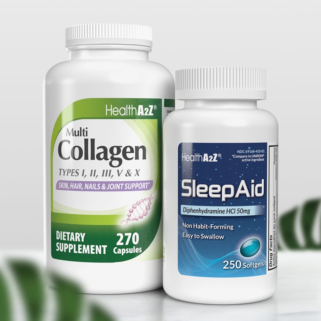HealthA2Z® Sleep & Rejuvenate Combo Sleep Aid 50mg Difenhydramiini HCl (250 Softgels) Multi Collagen Pillerit, 1735 mg (270 Collagen-kapselia)