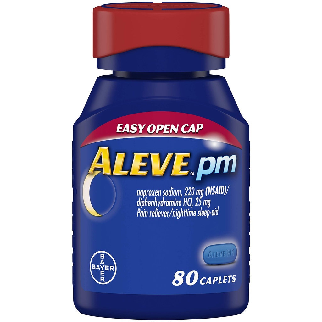 Aleve PM Caplets, nopeatoiminen unilääke ja kivunlievitys päänsärkyyn, lihassärkyyn, non-Habitin muoto 220 mg Naprokseeninatrium ja 25 mg Difenhydramiini HCl-kapselit, 80