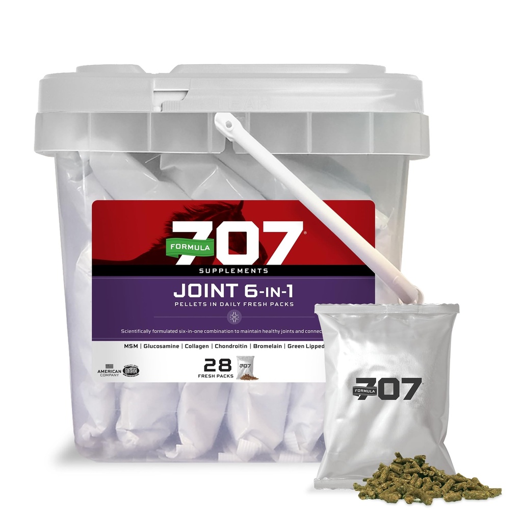 Formel 707 Joint 6in1 Equine Supplement, Daily Fresh Packs - Stöd för gemensam integritet och inflammatoriskt svar på hästar - Green-Lipped Mussel, MSM, Glucosamine, Chondroitin & Collagen