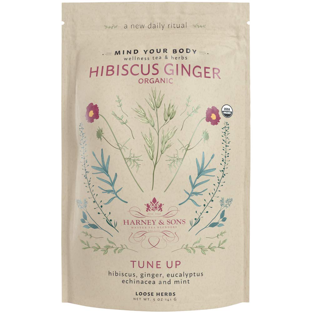 Harney & Sons Organic Hibiscus Ginger Tune-Up Wellness Blend, Eucalyptus, Echinacea ja Mint, 5 oz pussi
