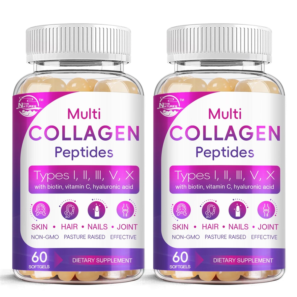 Multi Collagen Peptides Softgel - tyyppi I, II, III, V, X - Hydrolysed Collagen Peptides Biotiini, C-vitamiini, hyaluronihappo, tukee ihon hiuskynsi, Grass-Fed, ei-GMO, 60 Softgel, 2 pakkaus