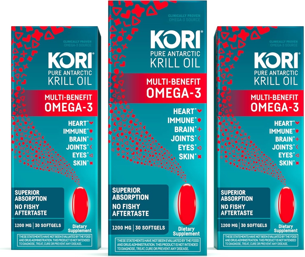 Kori Krill Oil Omega 3 Supplement, Antarktis Krill Oil with Superior Imeytyminen vs Fish Oil, 1200mg Softgels, 30 Softgels, EPA & DHA (paketti 3)