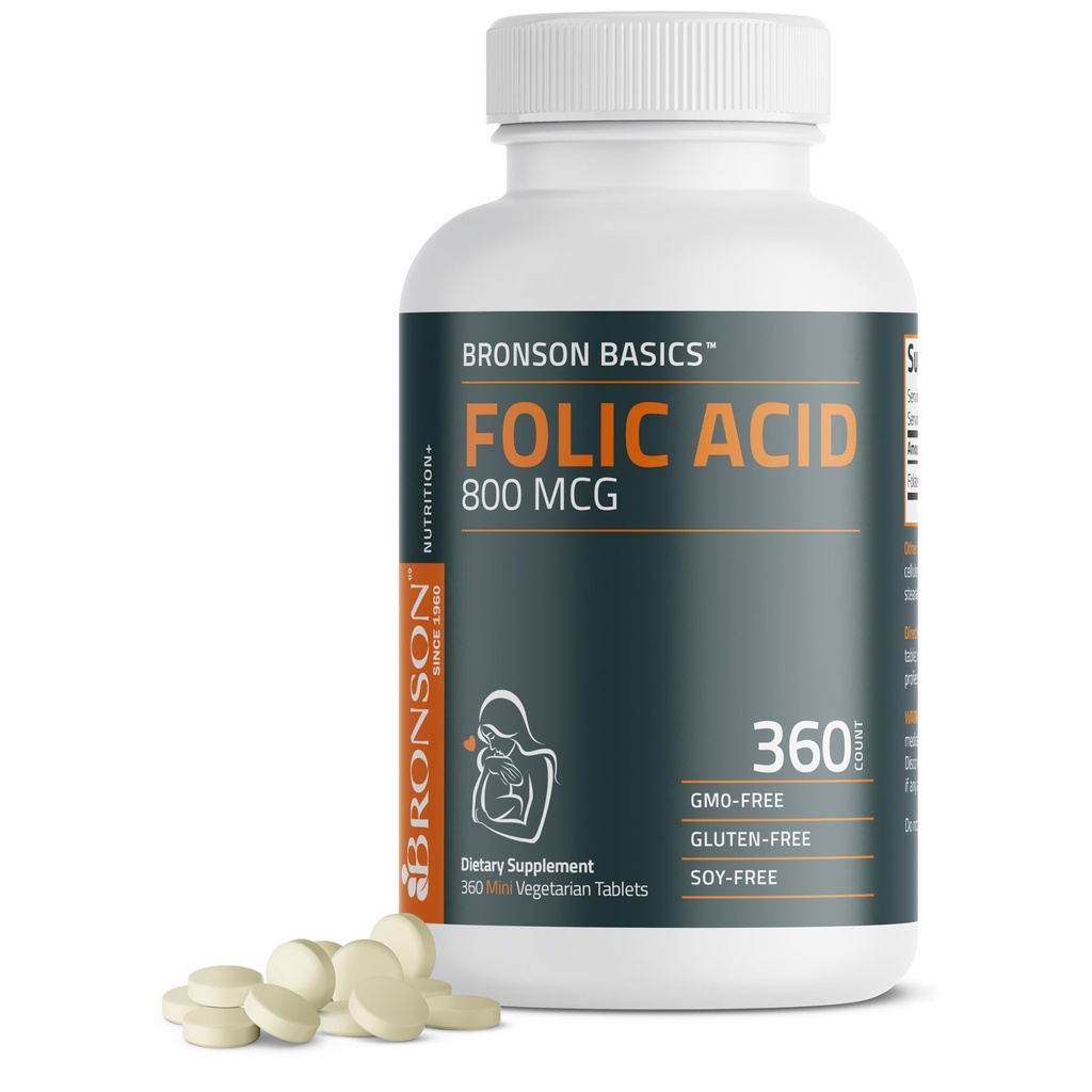 Bronson Folic Acid 800 MCG tukee Prenatal Development, 1 vuosi tarjonta, ei-GMO, 360 tablettia
