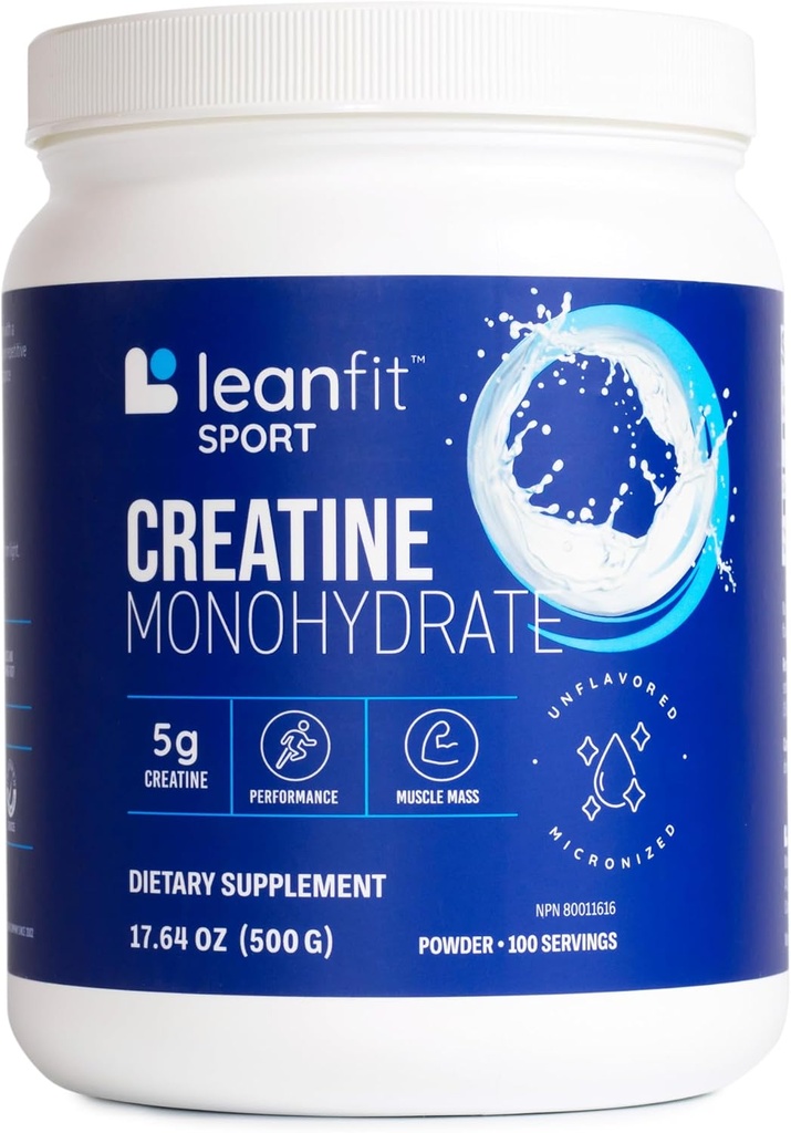 LeanFit Sport CREATINE MONOHYDRATE Powder, ei maukasta - informoitu valinta Certified, Micronized & Pharmaceutical Grade Creatiini, Gluteeniton, Vegan 5g Creatiini per Serving, 100 tarjoilua, 17.64oz Putka
