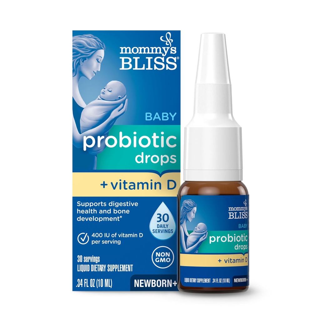 Äidin Bliss Baby Probiootit + D-vitamiini D Drops, tukee Ruoansulatuselimistön ja immuunitoiminnan*, 400 IU D-vitamiini, tukee luun kehitystä*, Vastasyntyneet+, Makuton, 0,34 Fl Oz (30 Servings)