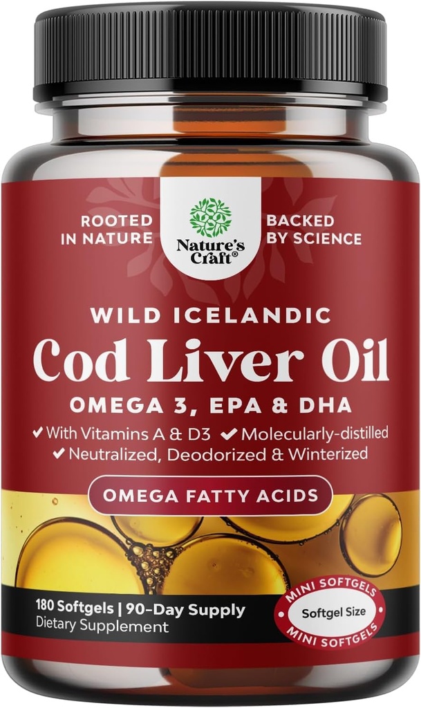 Islannin turska Maksaöljy Softgels - Wild Caught EPA DHA Omega 3 Fish Oil 1000mg per tarjoilu - kestävästi peräisin Burpless Fish Oil täydentää D3-vitamiini & A sydän Joint Brain & Immuun Support