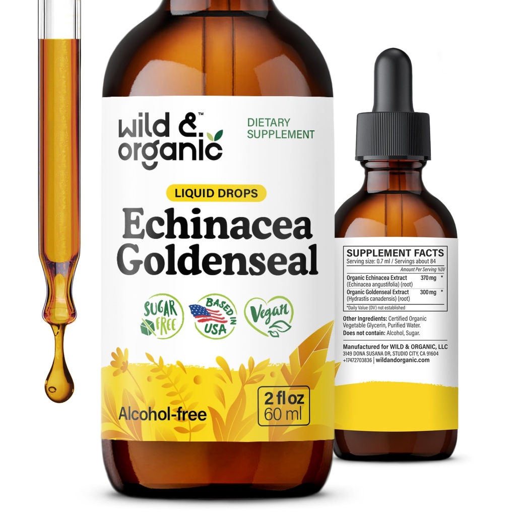 Wild & Organic Echinacea Goldenseal Liquid Drops - Immunosupport täydennysosa w/Goldenseal Echinacea juuriuute - Vegaani, sokeri ja alkoholiton tinktuura - 2 fl oz