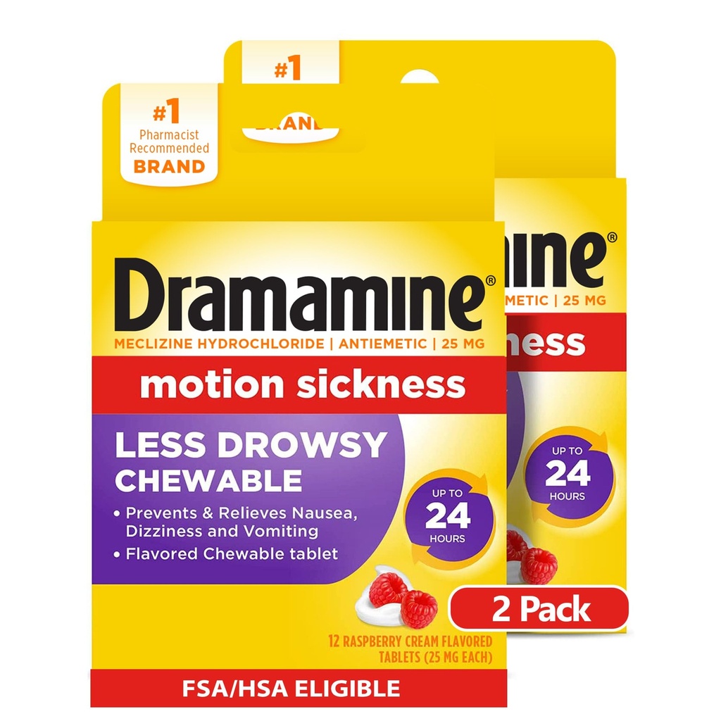 Dramamiini Pureskeltava Vähemmän Drowsy, Motion Picture Relief, Vadelma kerma maku, 12 Count, 2 pakkaus