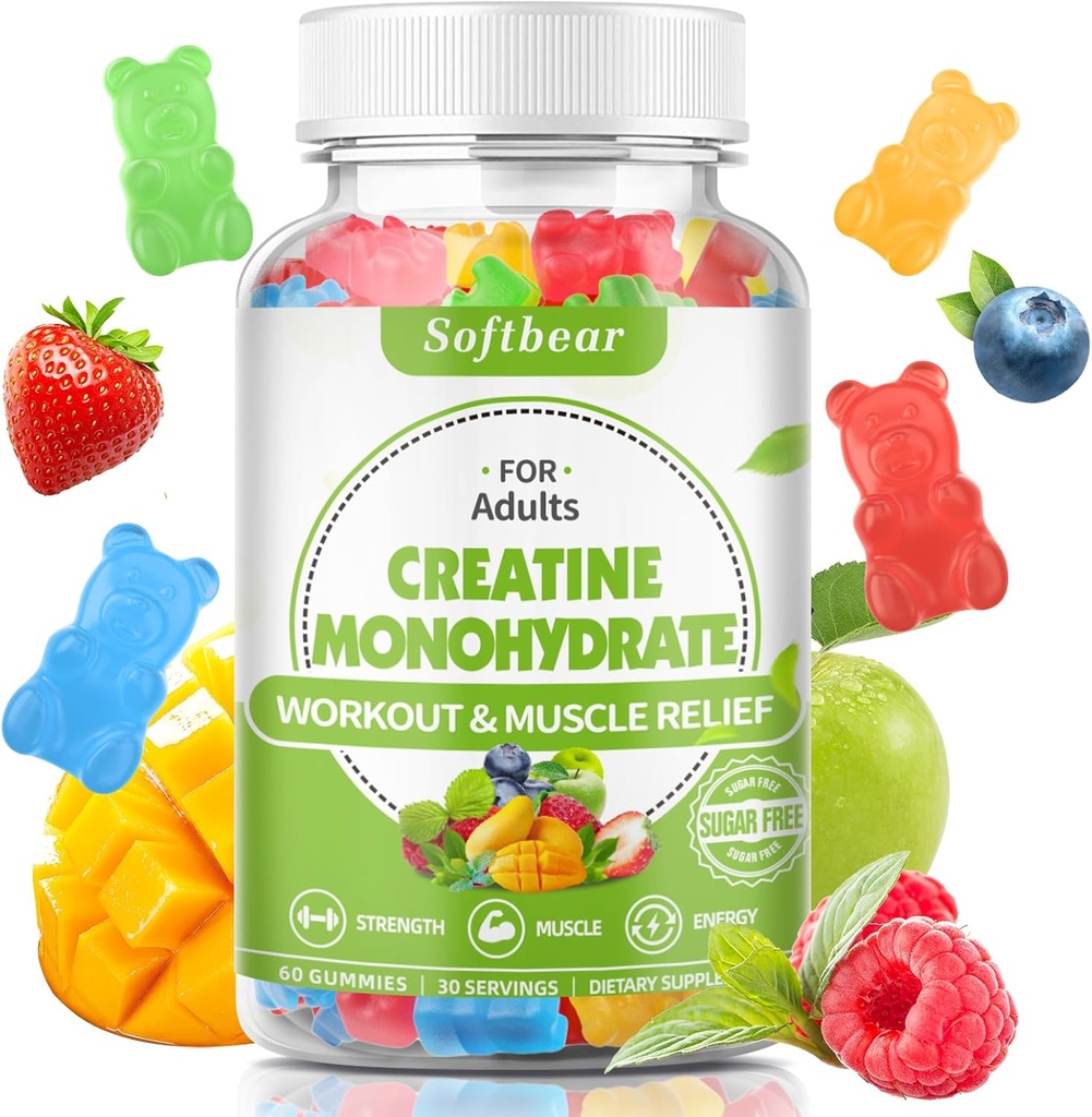 softbear 5000mg Creatiini Monohydraatti Gummies miesten Naiset, Vegaani Creatiini HCL täydentää Pre workout Gummies lihas rakentaja vahvuus sekoitettu maku 60
