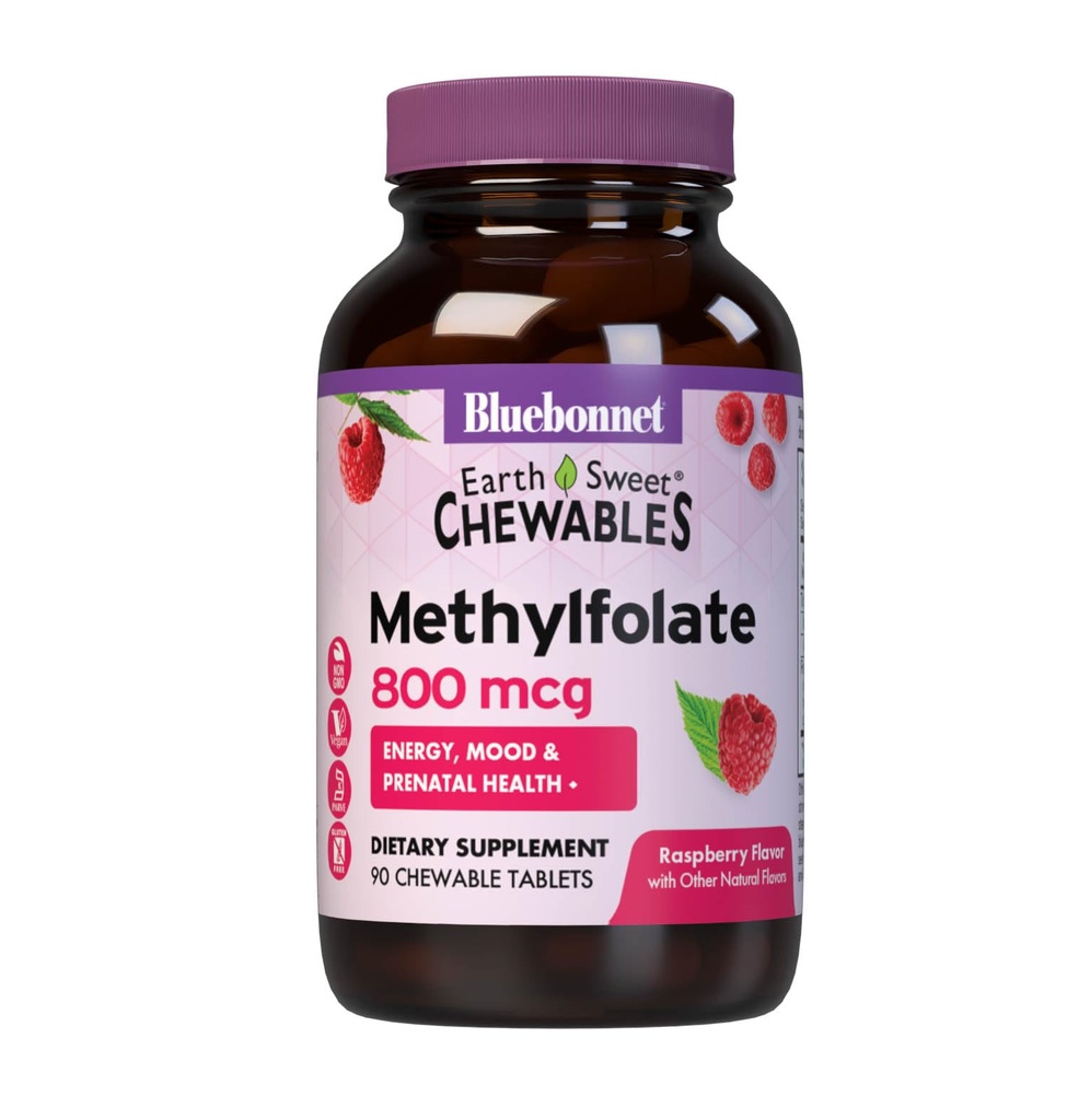 Bluebonnet EarthSweet Methylfolate 800 mikrog Cellular Active Coenzyme 5- MTHF L Methyl Folate Supplement - Prenatal & Energy Support* - Ei-GMO, Vegan, Gluteeniton - Vadelma - 90 purutablettia