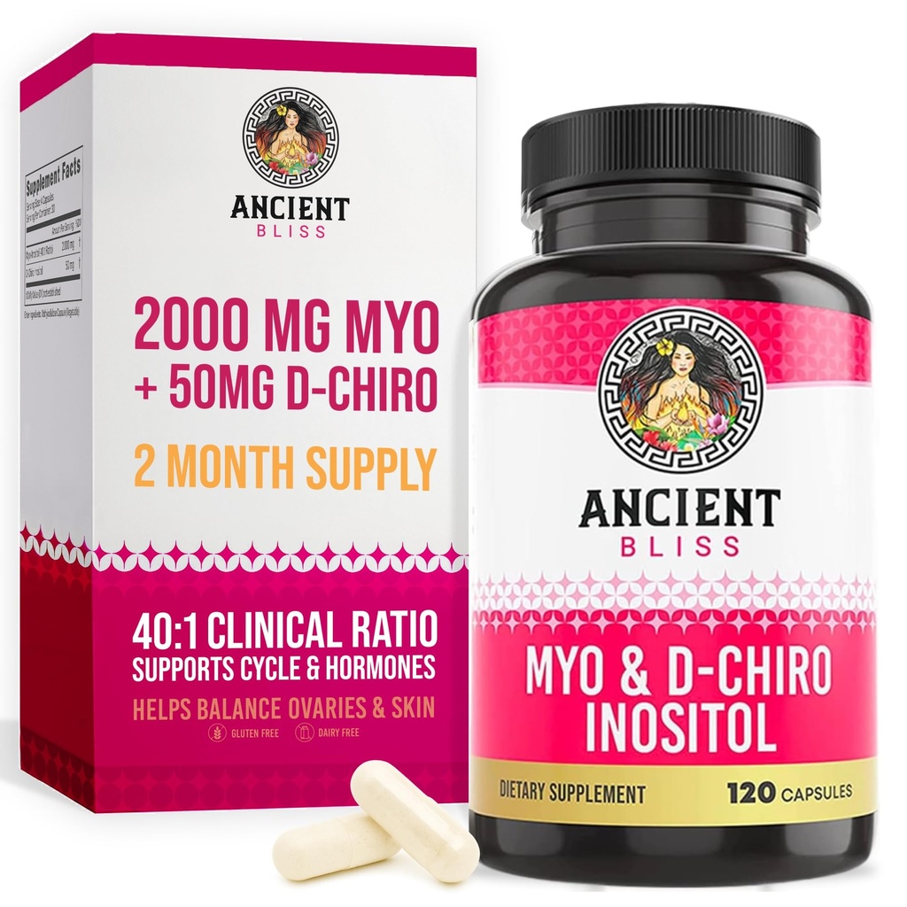Ancient Bliss Myo & D-Chiro Inositol Supplement, 40 till 1 Ratio, Hjälper till Ovarian Function Support för kvinnor, Vitamin B8 Hjälper till att reglera menstruationscykel, 2050mg per portion, 120 Vegan kapslar