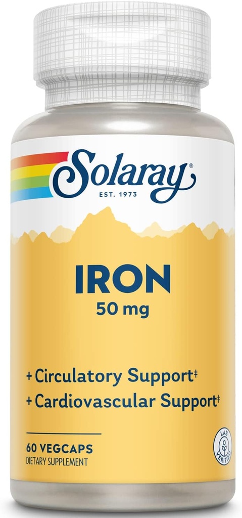 Solaray Iron 50 mg | Hälsosam cirkulation, kardiovaskulär funktion och röd blodcellhälsostöd | 60 VegCaps