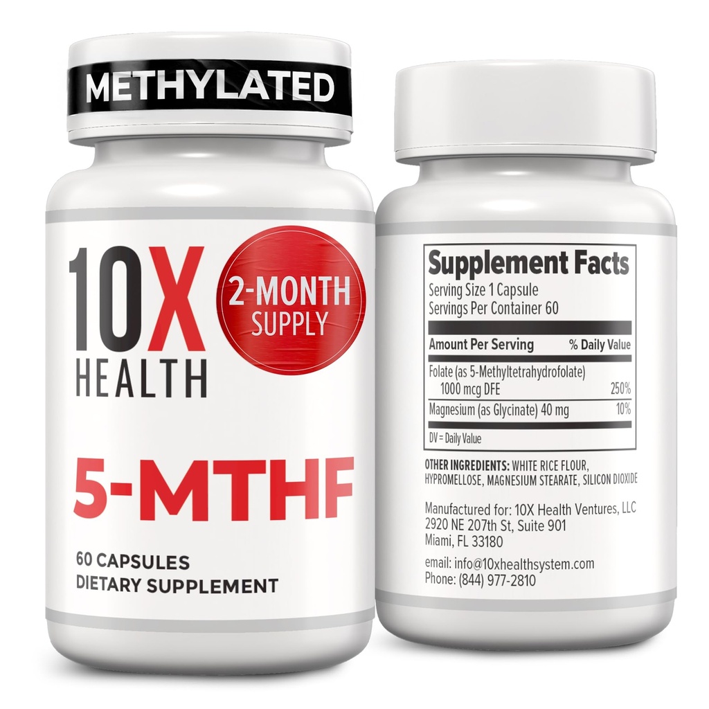 10X Health 5-MTHF Methylfolate - Methylated Folate & Magnesium Brain, Heart Health, DNA & Neuro välittäjäaine Synteesi - Bio käytettävissä Metyyli Folaatti täydennysosa - Metyylifolaatti täydennysosa 60 kapselia