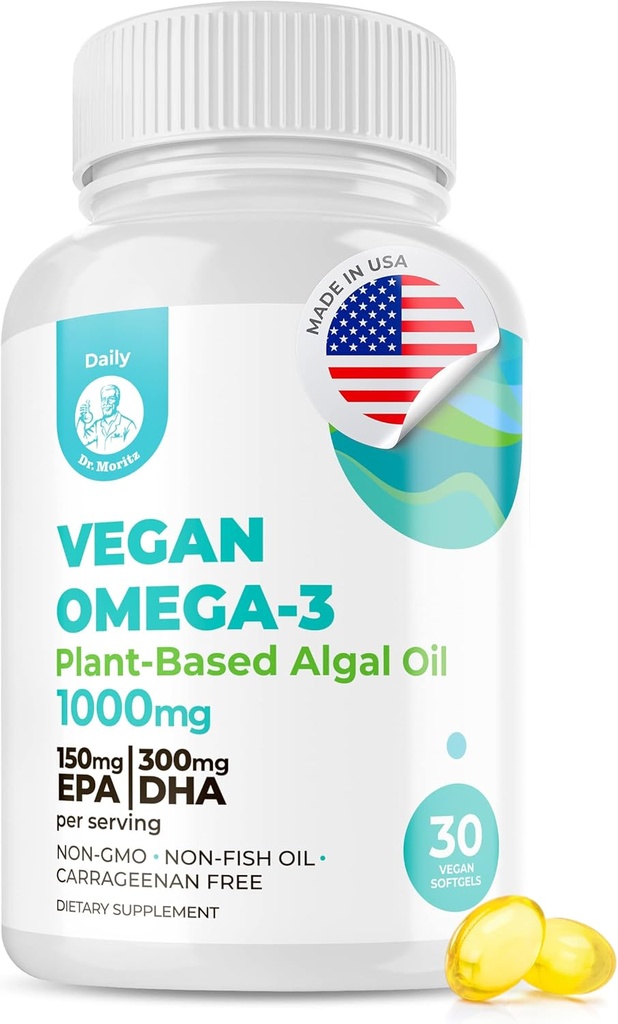 DR. MORITZ Vegan Omega-3 Softgels aikuisille ja lapsille, Valmistettu Algae Oil DHA EPA, Small Algae Omega 3 Lisäravinteet, Vegan, 30 Count
