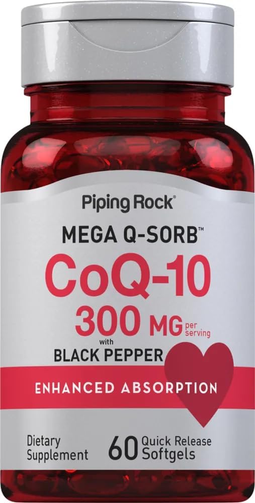 CoQ10 300mg | 60 Softgels | med Black Pepper | Coq10 Coenzyme Supplement | Mega Q-Sorb | Förbättrad Absorption | Non-GMO, Gluten Free | By Piping Rock