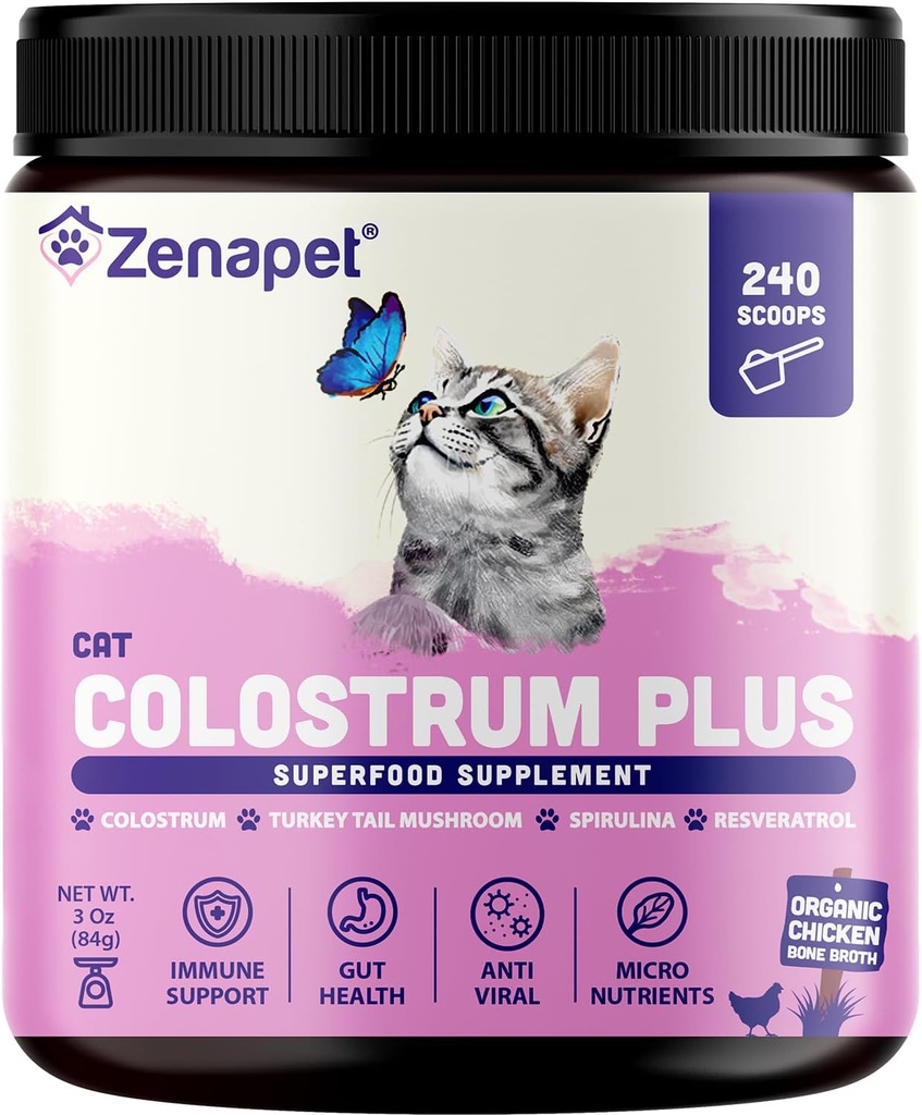 ZENARET Cat Colostrum Plus Premium Powder Topper, Immuno & Dgestive Health Supplement, 240 Servings (8 kuukauden tarjonta), tukee iho & takki, valmistettu Yhdysvalloissa