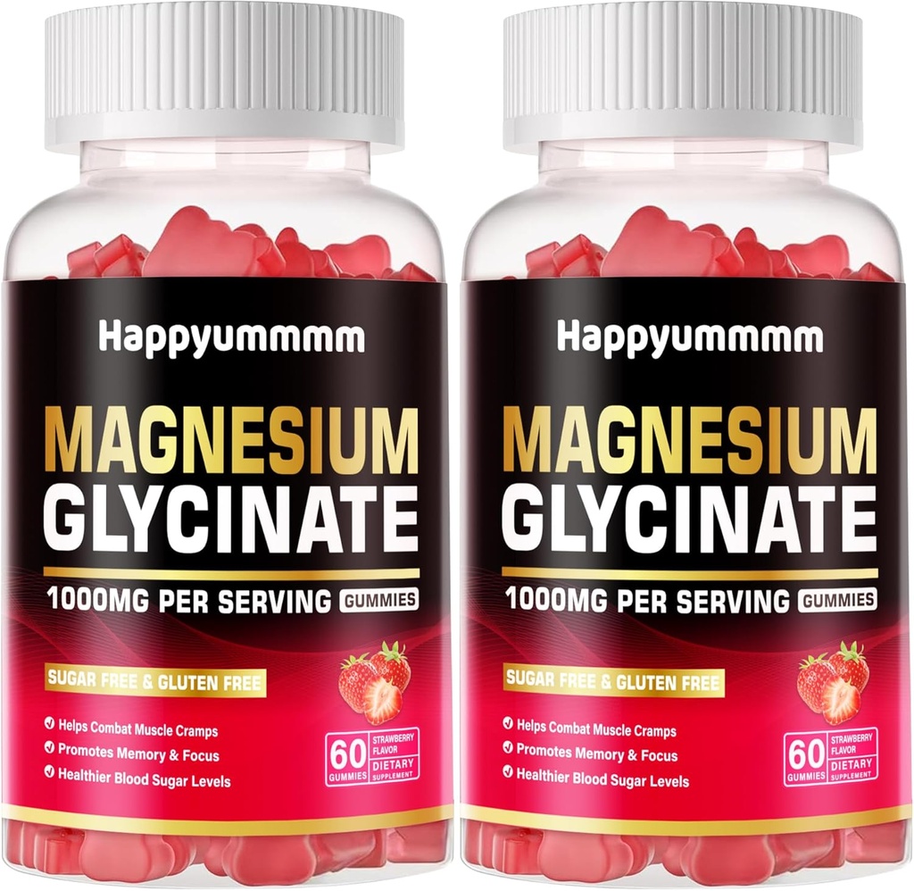 Magnesium Glycinate Gummies 1000mg - Sugar Free Magnesium Potassium Supplement med vitamin D, B6, Q10 för lugn humör och sömnstöd - 120 jordgummies