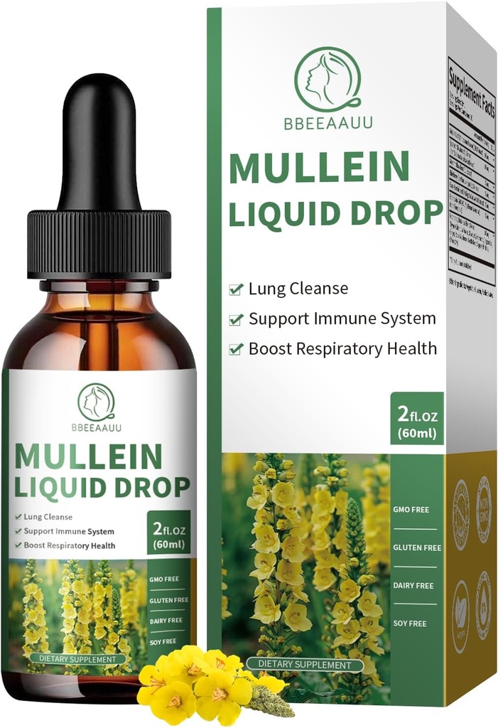 Mullein Drops for Lungs, 16-in-1 Mullein Leaf Extract for Lung Cleanse, Hengitysteiden, Immuniteetti, kanssa Quercetin, Marshmallow, Musta Cumin Seed, Elderberry, Mullein Liquid, Ei-GMO, 2 Fl Oz