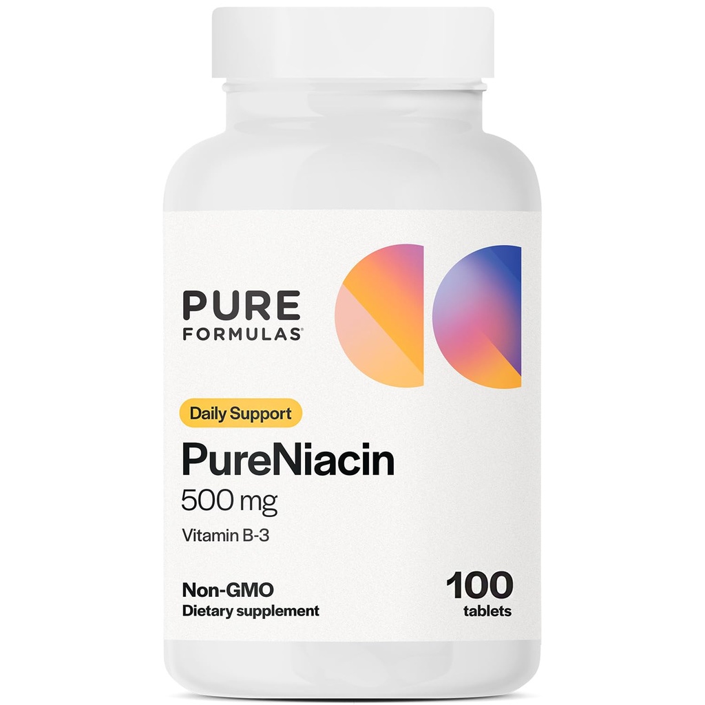 PureFormulas Pure Niacin - B- vitamiini, 500 mg välittömästi vapauttava Niacin 500 mg - Nikotiinihappo 100 tablettia - ei- GMO B3- vitamiinit Niasiinin täydennysosa