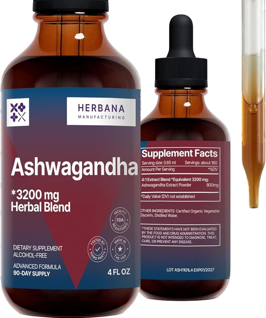 HERBANA MANUFACTURING Ashwagandha Liquid Drops Extract - Muscle Recovery Tincture - Withania Somnifera Drops - Hög styrka
