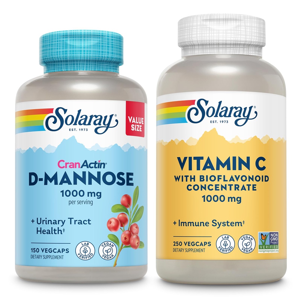 SOLARAY D-Mannose 1000 mg kanssa CranActin Cranberry Extract (150ct) ja C-vitamiini 1000 mg Bioflavonoidit (250ct) - virtsarakko Terveys ja immuuni tuki Bundle - Vegan, 60 päivän takuu