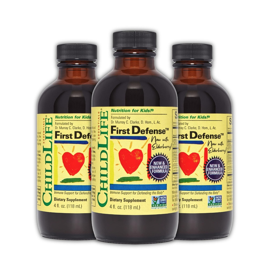 CHILDLLIFE OLENNAISuudet Ensimmäinen puolustus - Lapset Immuunituki, Immuunituki lapsille, Toddlers 1-3, Vauvat 6 kuukautta+, Vitamiini Sirup Elderberry, Sinkki, Ei GMO, Gluteeniton - 4 Fl Oz (paketti 3)