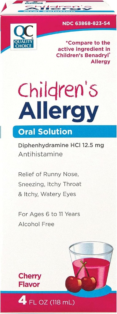 Kvalitet val barns allergimedicin, icke-drowsy flytande antihistaminlösning. Alkoholfri körsbärsmak Active Diphenhydramin för hosta, Runny Nose, Itching Eyes & Throat Relief 4 oz