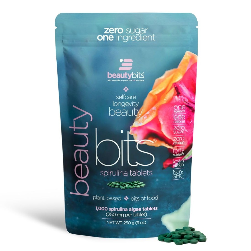 BEAUTYbits - Organic Spirulina Tablets - Alger Superfood - Collagen, Protein, Chlorophyll - Hår, Nails, & Skin Care - Vegan, Keto, Gluten Free - Självvård - Skincare Skönhetspresenter - 1000 Tablet Bag