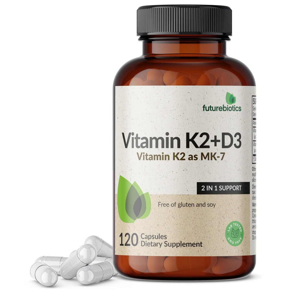 Futurebiootit K2-vitamiini (MK7) D3-lisäaine - ei-muuntogeeninen Formula - 5000 IU D3-vitamiini & 90 mikrog K2-vitamiini MK-7, 120 kasvissyöjäkapselia