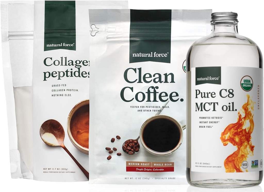 Natural Force Organic Clean Coffee, Collagen Peptides ja Pure C8 MCT Oil Bundle 