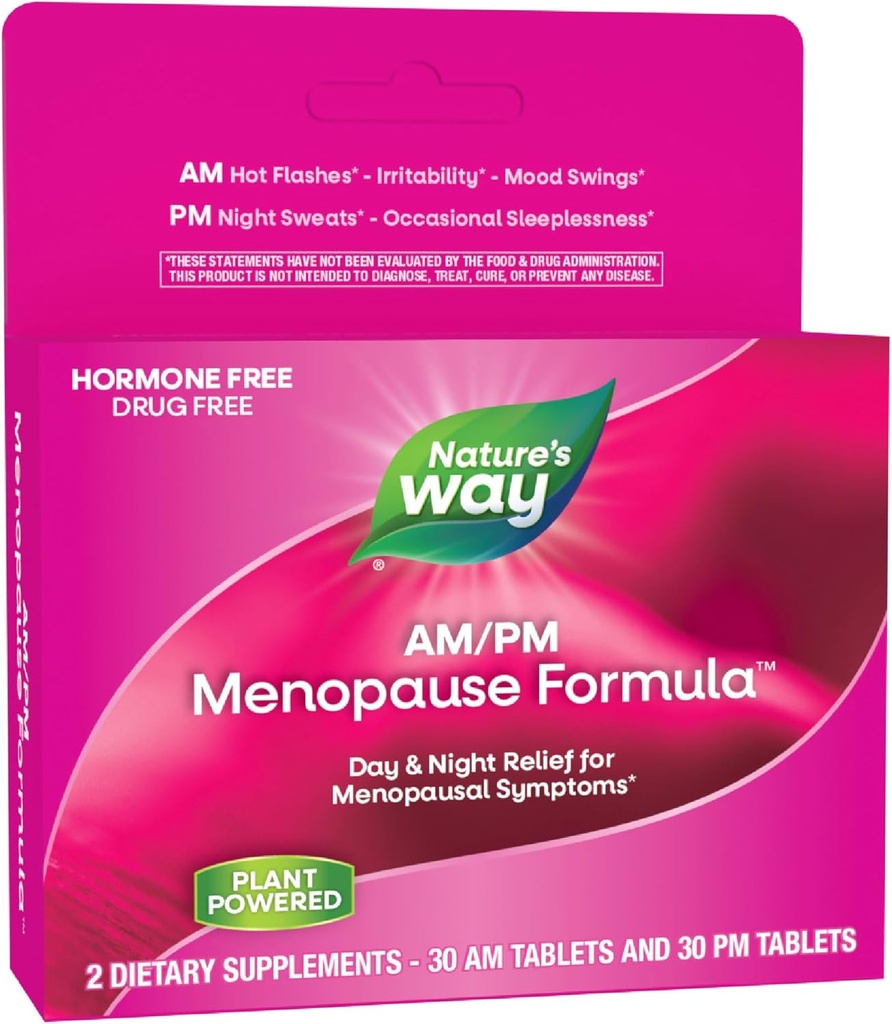 Nature's Way AM / PM Menopause Supplements for Women, Hot Flash Relief *, Night Sweats *, Restful Sleep *, Mood Swings *, Hormon-Free Formulas med Black Cohosh, Theanine, Valerian, 60 tabletter