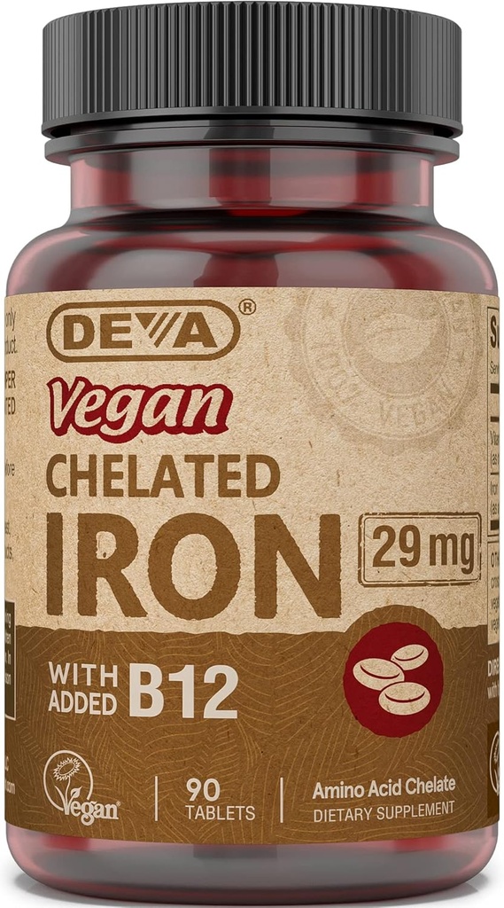 DEVA-vegan kelaattirauta B-12-vitamiinin kanssa, ravintolisä, 29 mg, 90
