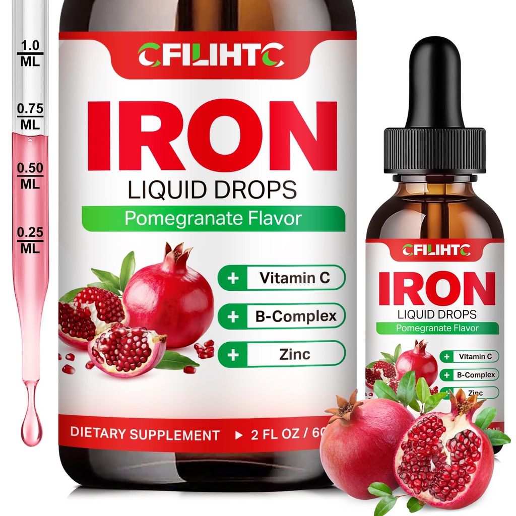 Liquid Iron Supplement for Women Men & Kids Monivitamiini Iron Drops Folate, C-vitamiini, B6, B12, Sinkki Anemia, Rautapuute, Verenrakentaja, Energia - Luonnollinen Pomegranaatti maku, Vegan 2 Fl Oz
