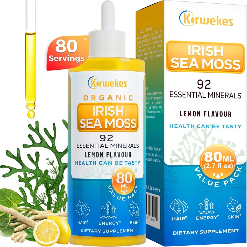 Sea Moss & Ashwagandha Root Drops - 10X Vahvempi Seamoss & Ashwagandha naisille ja miehille, Sea Mood Moss Drops, Immuniteetti, Ruoansulatuskyky, energia, iho, hiukset nivel(Lemon Flavour - 80 tarjoilua