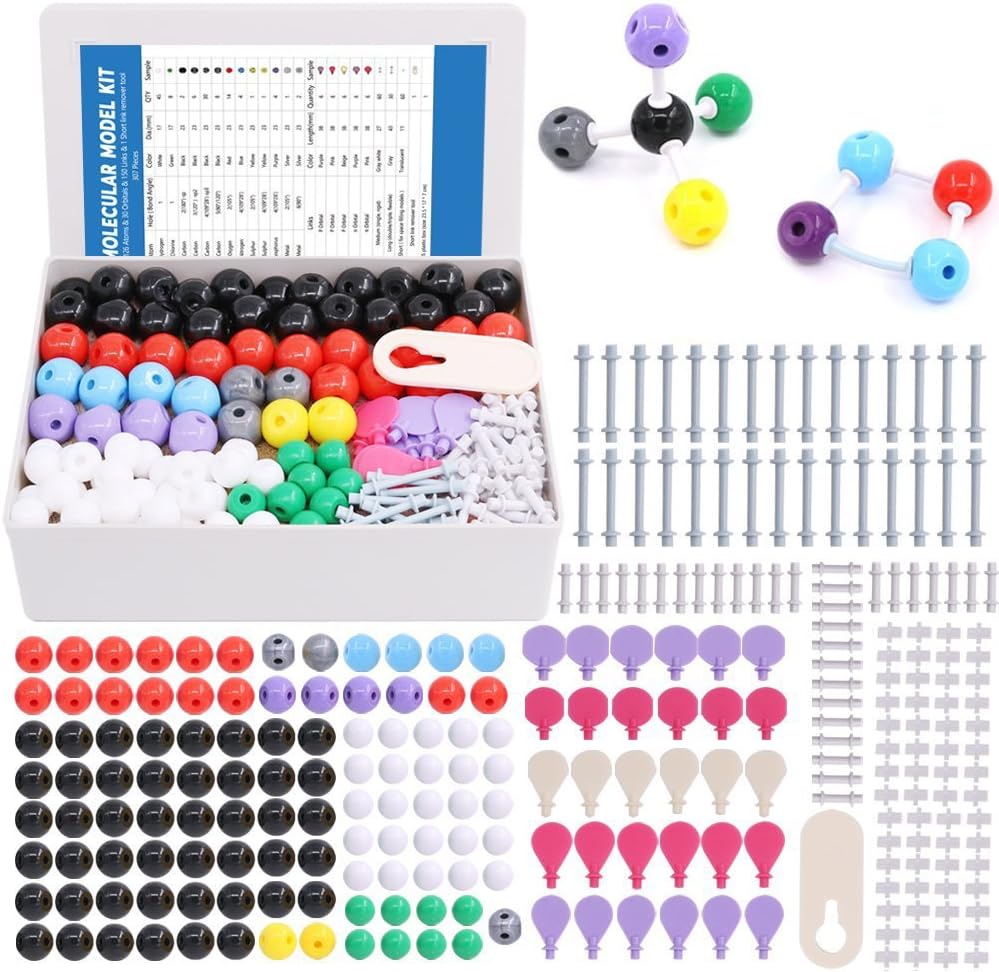 Swpeet 307 Pcs Molecular Model Kit för organisk och oorganisk kemi - Kemi Molecular Model Student and Teacher Set - 126 Atoms & 30 Orbitals & 150 Links & 1 Short Link Remover Tool