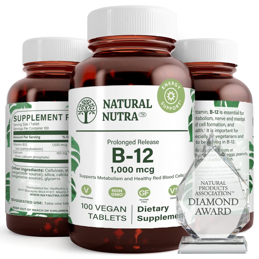 Natural Nutra Vitamin B12 1000 mcg, Promote Heart & Nerve Health, Kobalamin B12 Supplement, Kalciumfosfat, Hjälp i Metabolism Hälsa, Optimal Absorption, Gluten Fri, Sugar Fri, 100 Vegan tabletter