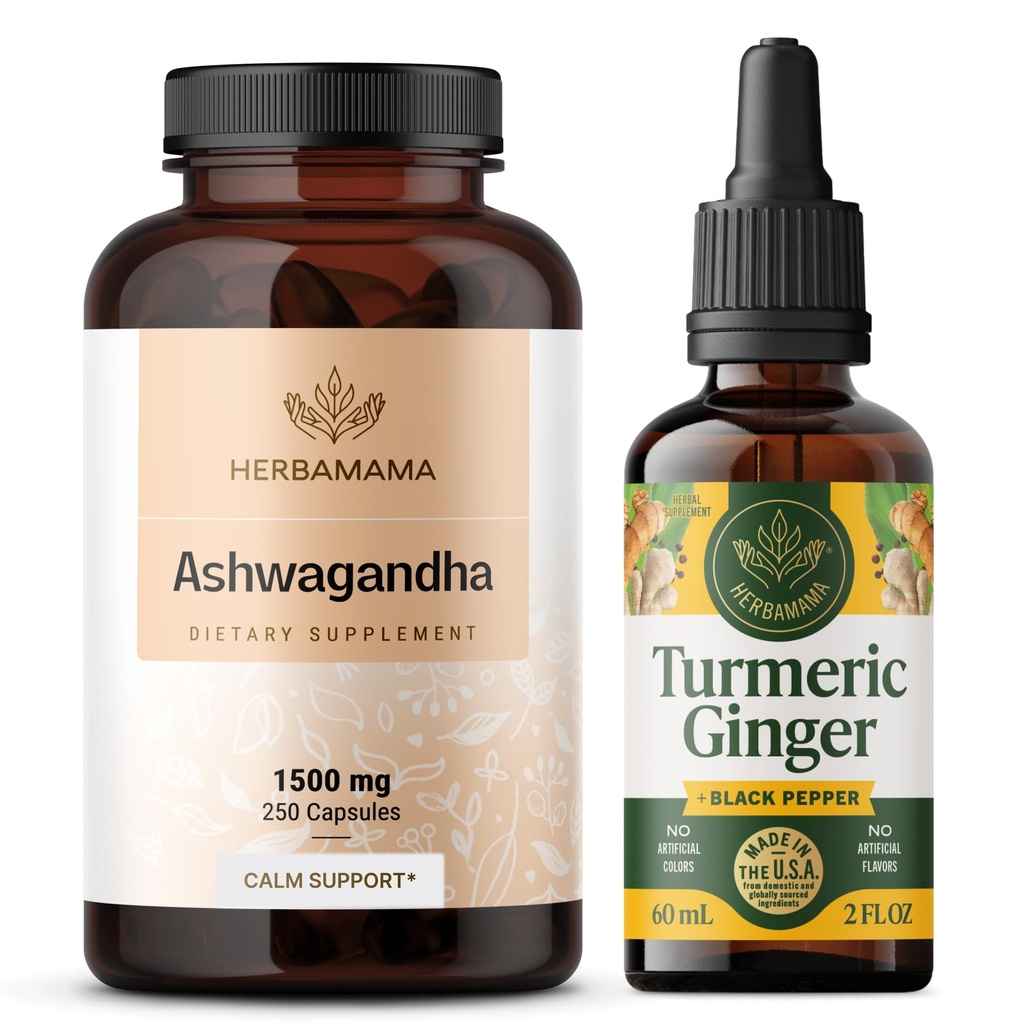 HERBAMAMA Ashwagandha och gurkmeja Ginger Kit - Bundle av 1500 mg Ashwagandha Root Capsules & Turmeric Ginger Tincture 2 fl oz - Vegan, icke-GMO, Sugar & Alkoholfri - 2 Pack