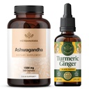 HERBAMAMA Ashwagandha och gurkmeja Ginger Kit - Bundle av 1500 mg Ashwagandha Root Capsules & Turmeric Ginger Tincture 2 fl oz - Vegan, icke-GMO, Sugar & Alkoholfri - 2 Pack
