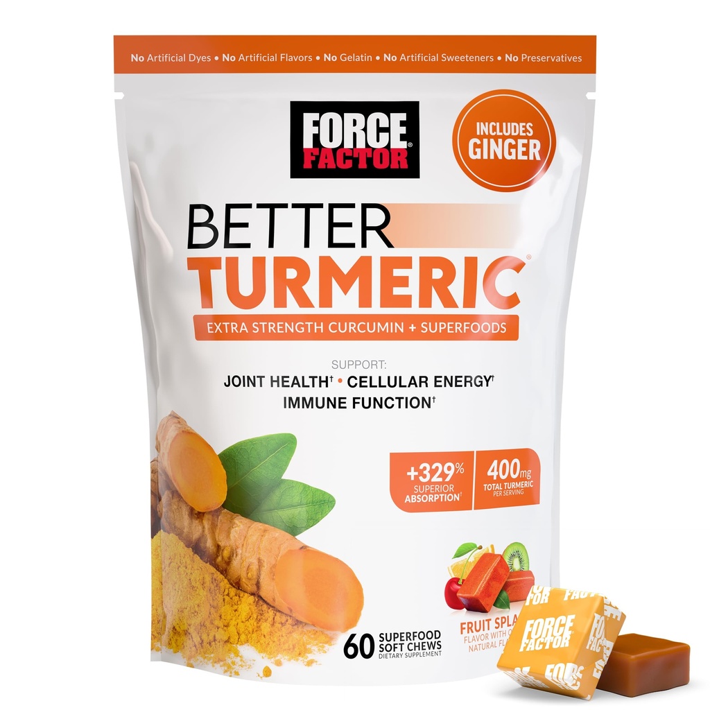 FORCE FACTOR Better Turmeeric Supplement 400mg mustapippuri & inkivääri, extra vahvuus Joint tuki, Superior Imeytyminen, kuten Turmeerinen Gummies, hedelmäroiskeet, 60 Turmeeric Chews