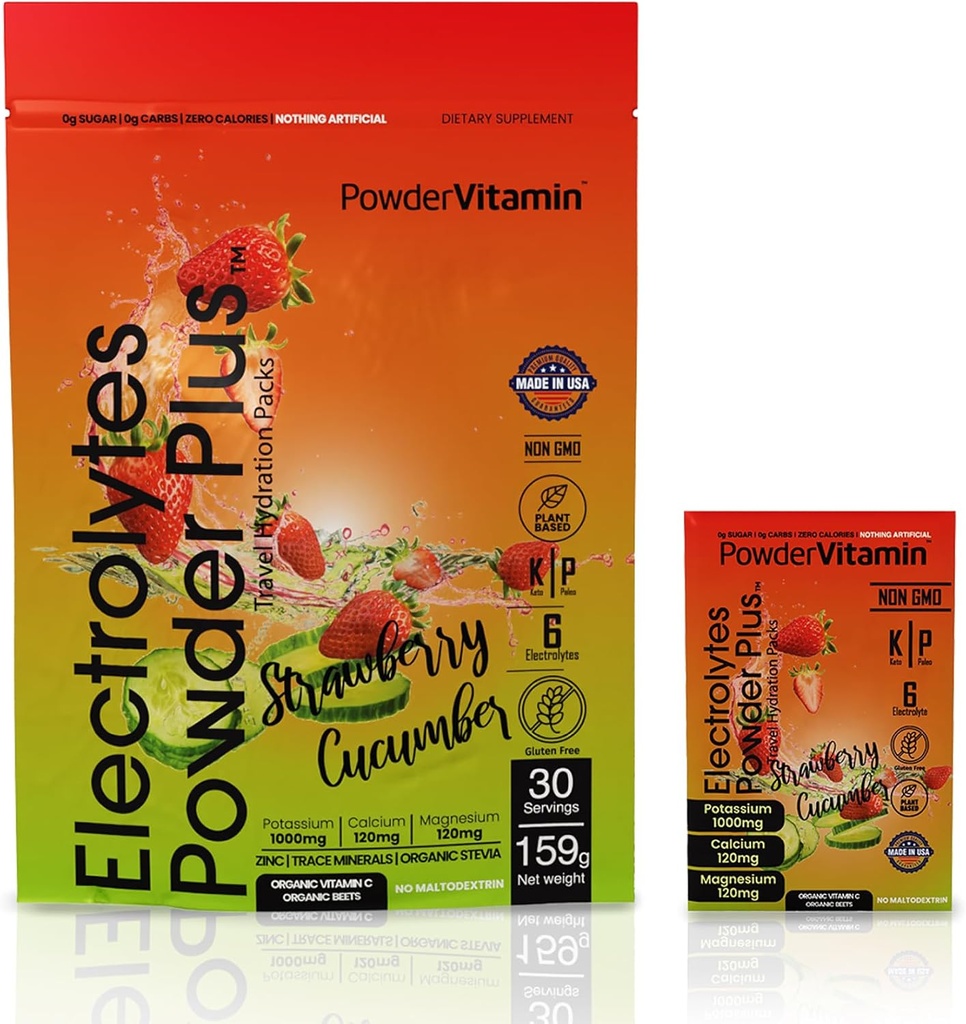 PowerVitamin Elektrolyytit Powder Packets - Mansikka kurkku - Keto Elektrolyyttejä Daily Energy - Hydraation Powder 1000 mg Kalium, 120 mg Magnesium, nolla-kalorit - 30 Hydraation Packets