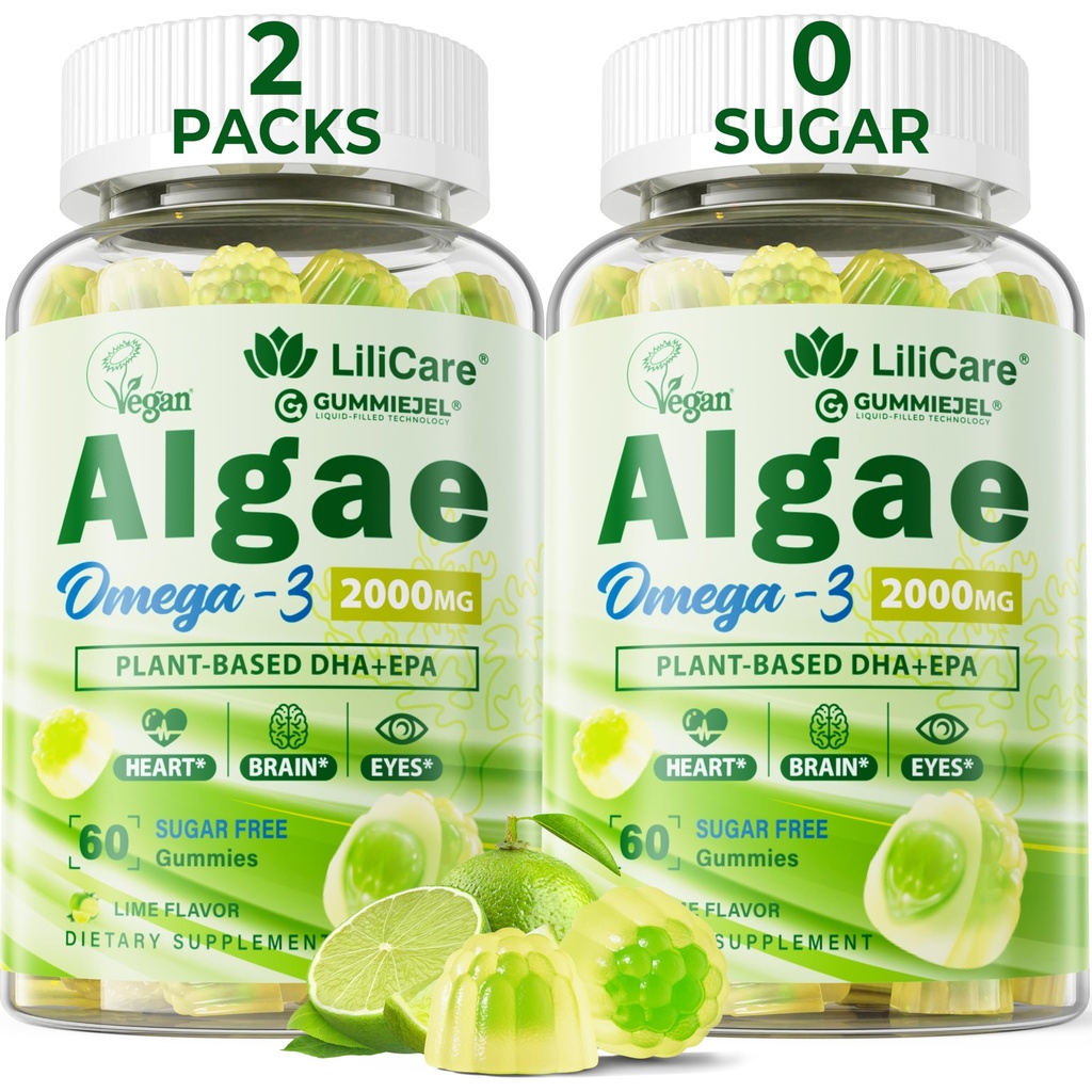 Omega 3 Gummies 2200mg Algae Oil (DHA 640mg & EPA 290mg) naisille ja miehille, Vegan Omega 3 Fish Oil Alternative, w/CoQ10, Astaksantiini, A-vitamiini, E-vitamiini, D3 aivoille, silmät, antioksidantti,Sugar Free 2Packs