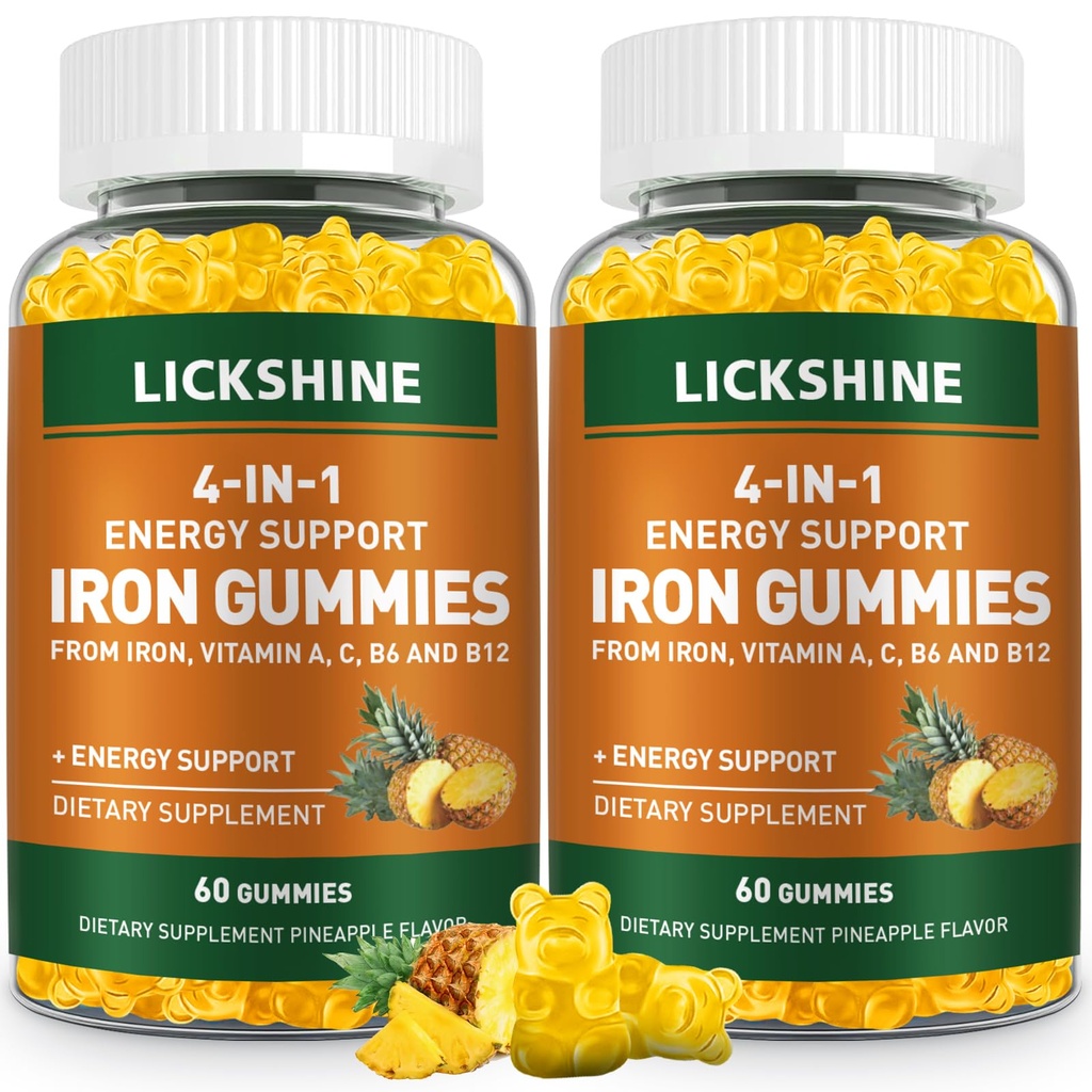 2 Pack Vegan 100MG Iron Supplement Gummies for Women & Men - kanssa C-vitamiinia, A, B aikuisille ja lapsille - energiatuki rautapuutos, anemia - ananas maku (120 Ct)