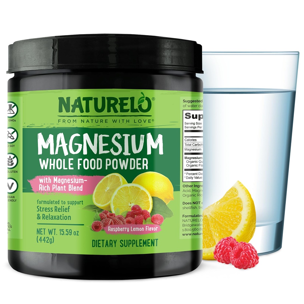 NATURELO Magnesiumpulver - Hel matkalam Magnesiumpulver med Quinoa, Cauliflower och Flaxseed för stressavlastning, Raspberry Lemon 85 portioner, 15oz