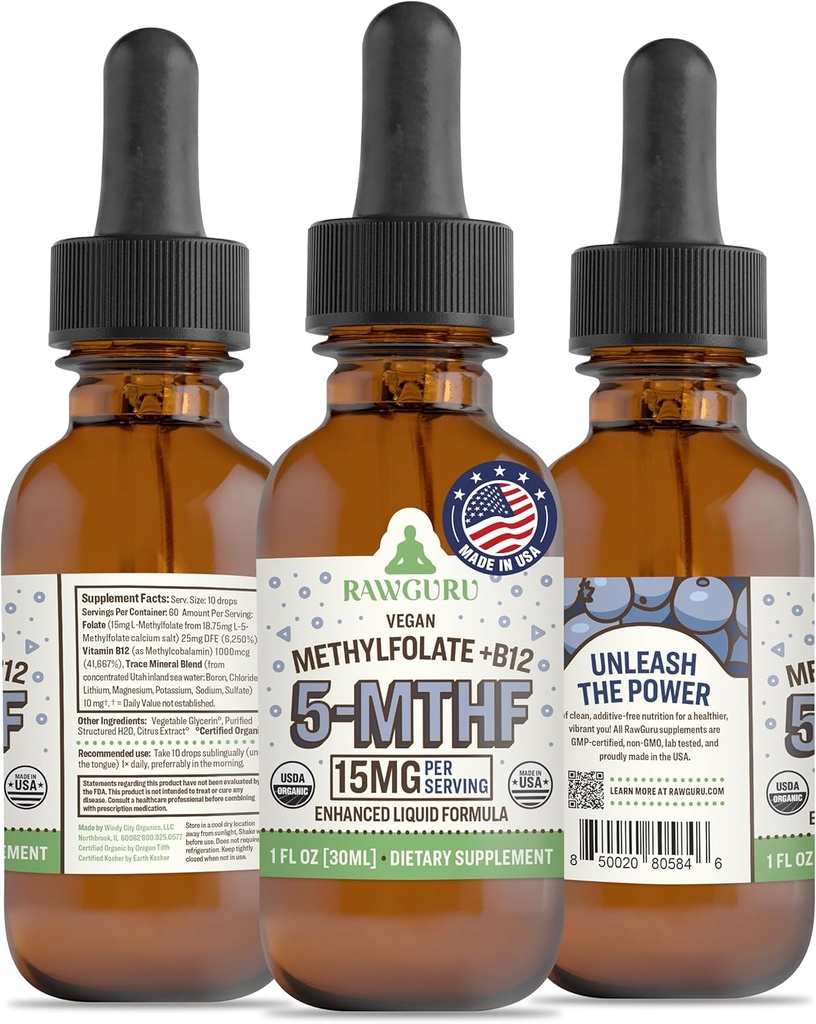 RawGuru L-Metyylifolaatti 15 mg + B12-vitamiini - Orgaaninen Vegaanimetyyli B12, jossa on trace Minerals - Nanoprocessed & enhanced Liquid Formula - 300 tarjoilua Vegan Drops per 30 ml, pakkaus 1