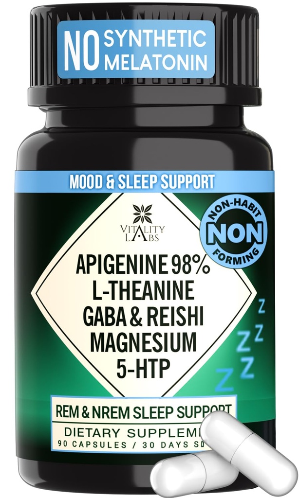Natural Sleep Aid Supplement for Adults Ilman melatoniinia - Ei-huono kasviperäistä unta - GABA, L-Theanine, Reishi Mushroom, Apigenin, Magnesium Glycinate, 5-HTP - 90 Vegan Kapselit